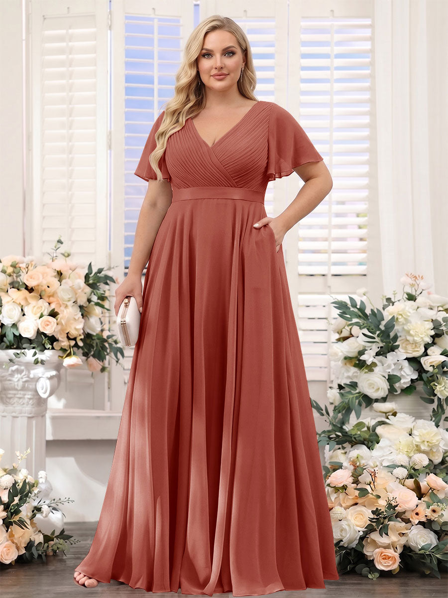 A-Line V-Neck Short Sleeves Chiffon Plus Size Bridesmaid Dresses with Pockets Rust