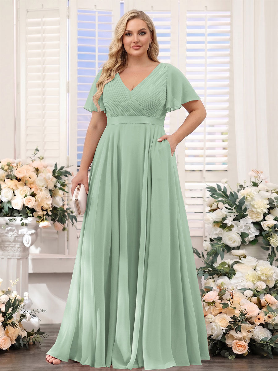 A-Line V-Neck Short Sleeves Chiffon Plus Size Bridesmaid Dresses with Pockets Sage