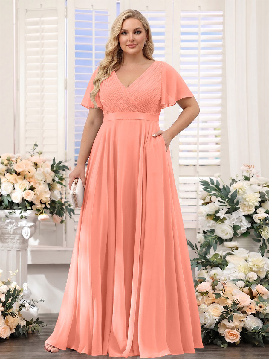 A-Line V-Neck Short Sleeves Chiffon Plus Size Bridesmaid Dresses with Pockets Salmon