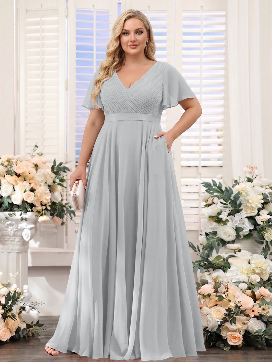 A-Line V-Neck Short Sleeves Chiffon Plus Size Bridesmaid Dresses with Pockets Silver