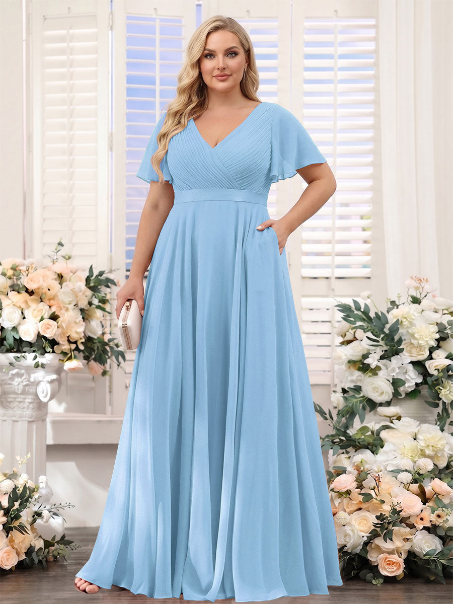 A-Line V-Neck Short Sleeves Chiffon Plus Size Bridesmaid Dresses with Pockets Sky Blue