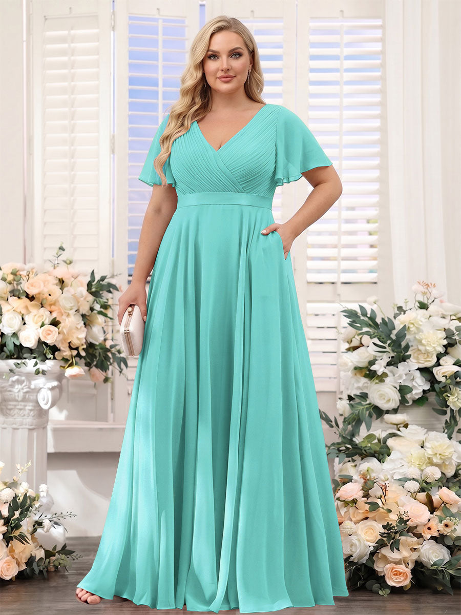 A-Line V-Neck Short Sleeves Chiffon Plus Size Bridesmaid Dresses with Pockets Spa
