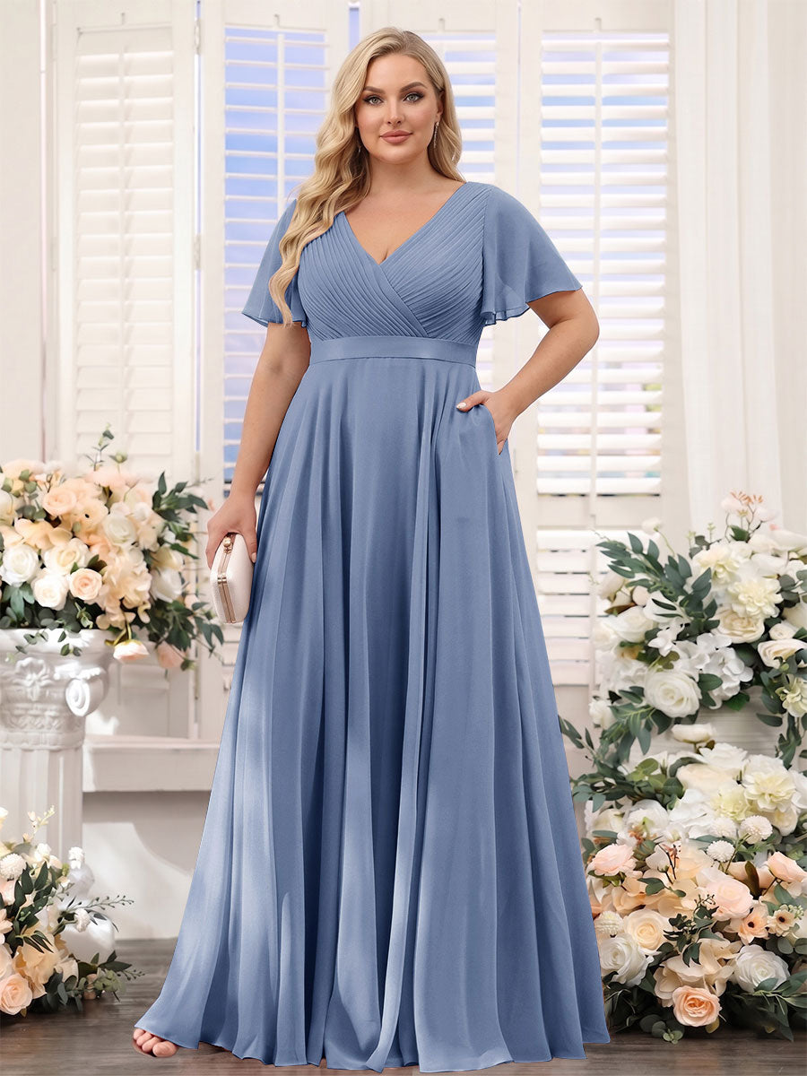 A-Line V-Neck Short Sleeves Chiffon Plus Size Bridesmaid Dresses with Pockets Steel Blue