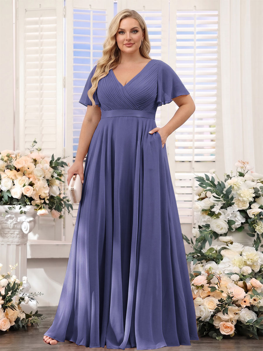 A-Line V-Neck Short Sleeves Chiffon Plus Size Bridesmaid Dresses with Pockets Stormy Blue
