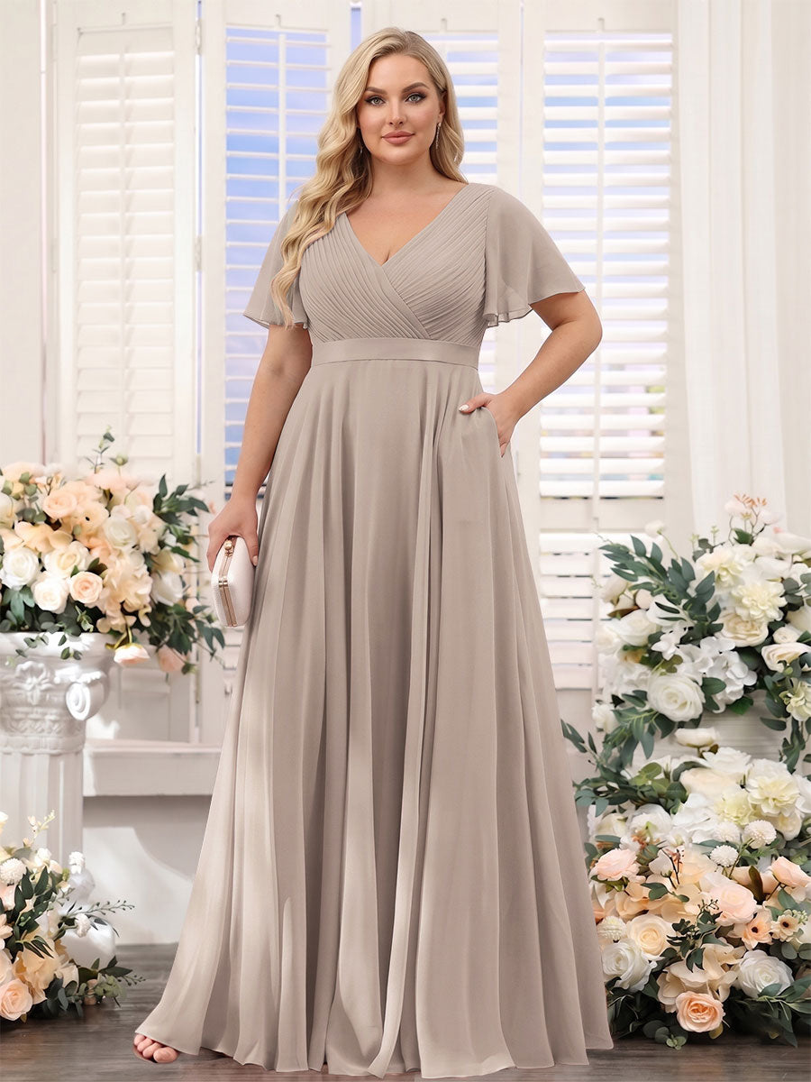 A-Line V-Neck Short Sleeves Chiffon Plus Size Bridesmaid Dresses with Pockets Taupe