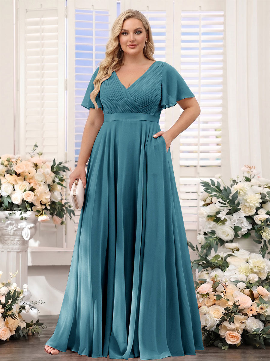 A-Line V-Neck Short Sleeves Chiffon Plus Size Bridesmaid Dresses with Pockets Teal