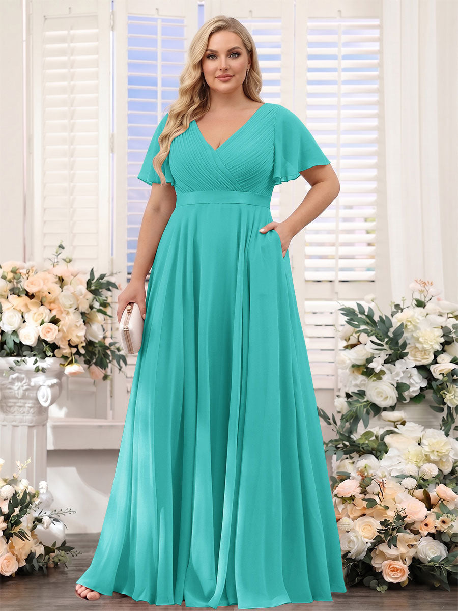 A-Line V-Neck Short Sleeves Chiffon Plus Size Bridesmaid Dresses with Pockets Turquoise