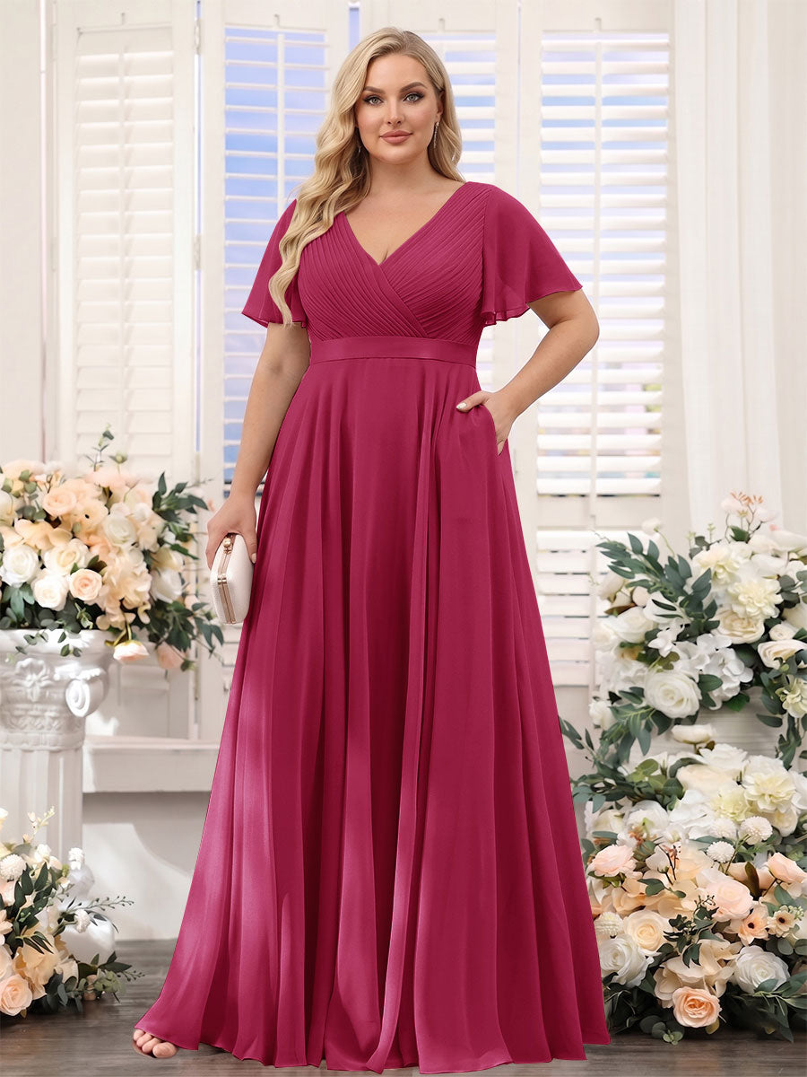 A-Line V-Neck Short Sleeves Chiffon Plus Size Bridesmaid Dresses with Pockets Wine Red