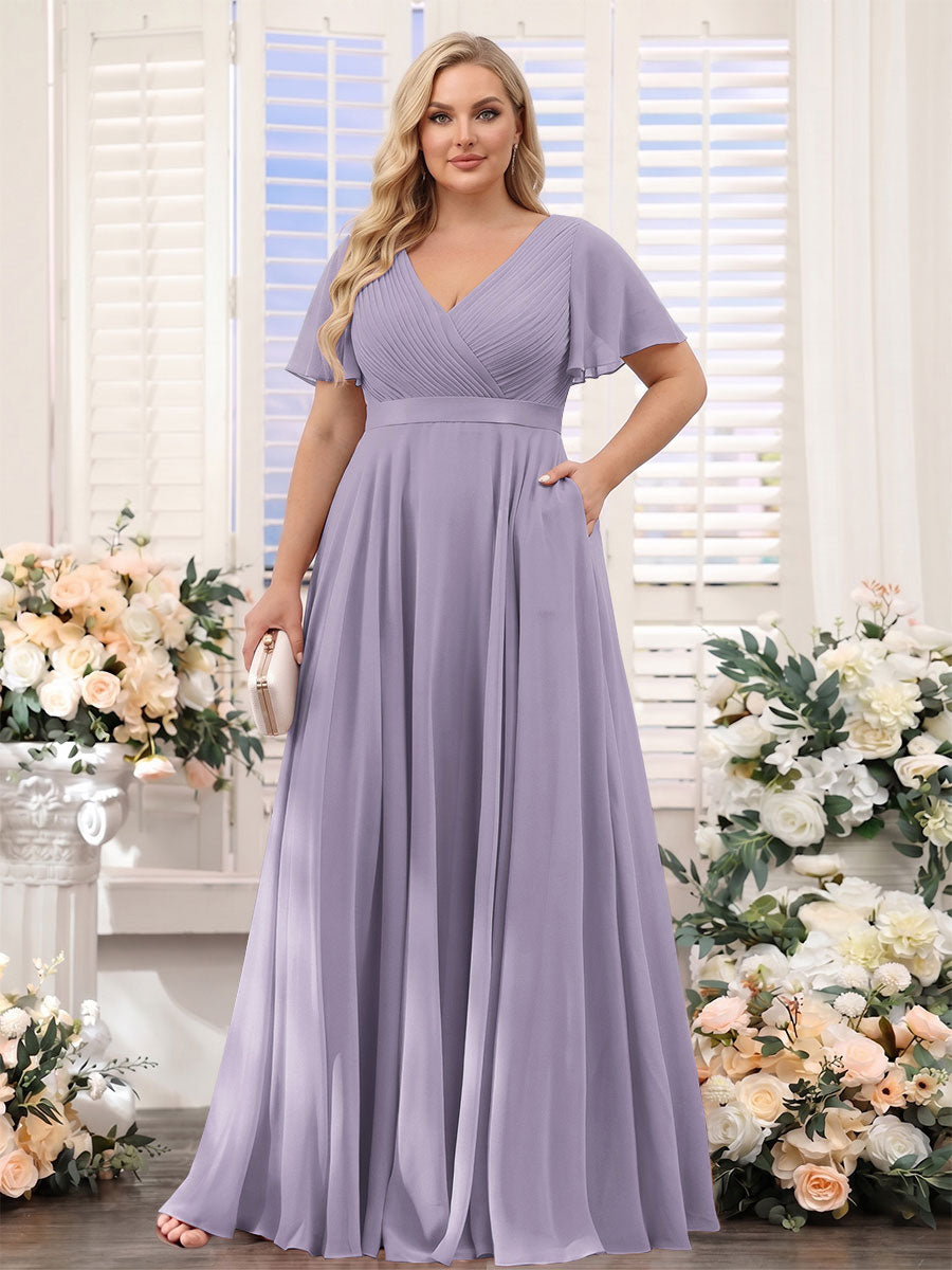 A-Line V-Neck Short Sleeves Chiffon Plus Size Bridesmaid Dresses with Pockets Wisteria