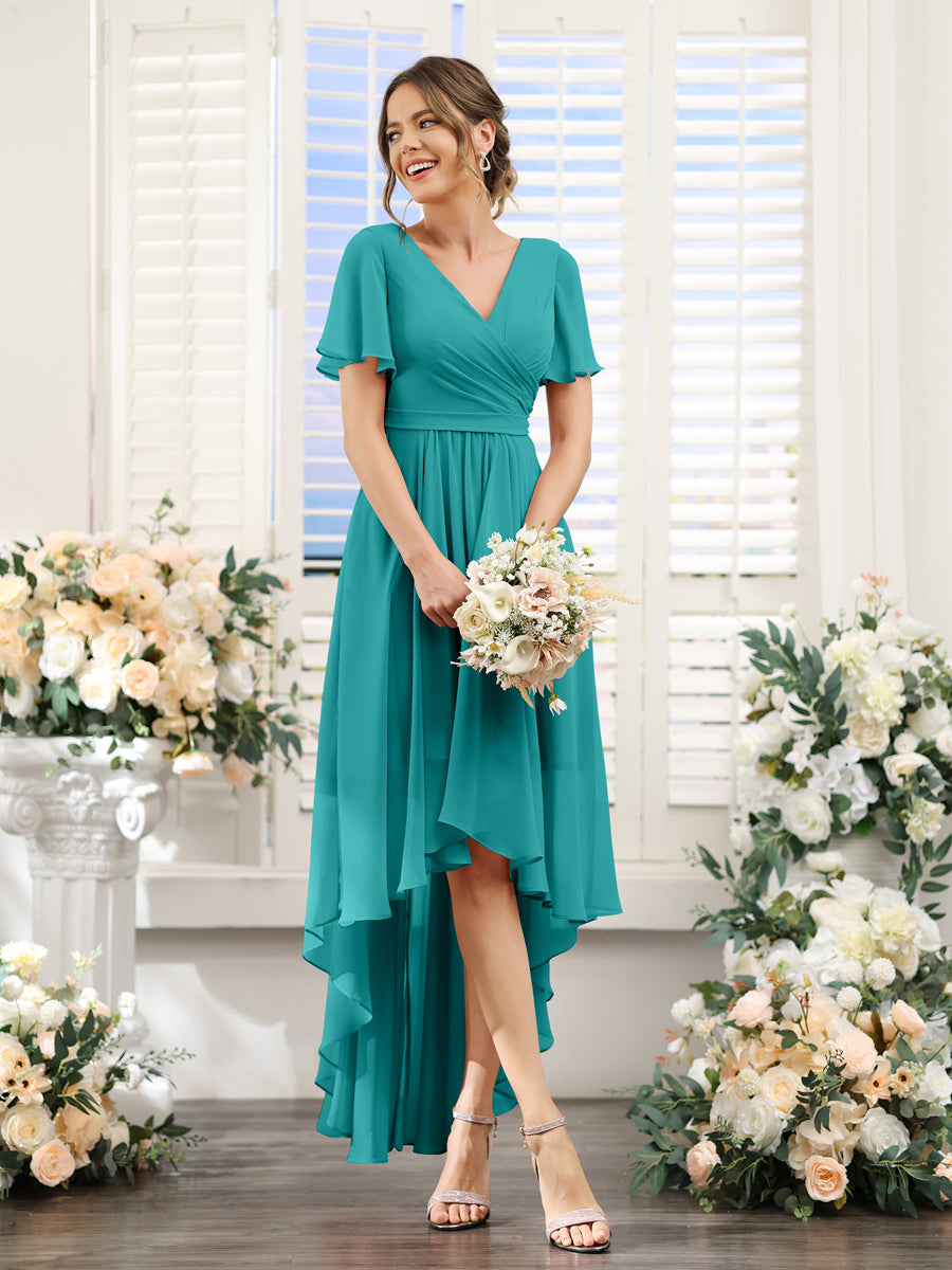 A-Line V-Neck Short Sleeves Ruched Asymmetrical Chiffon Bridesmaid Dresses Aqua Blue