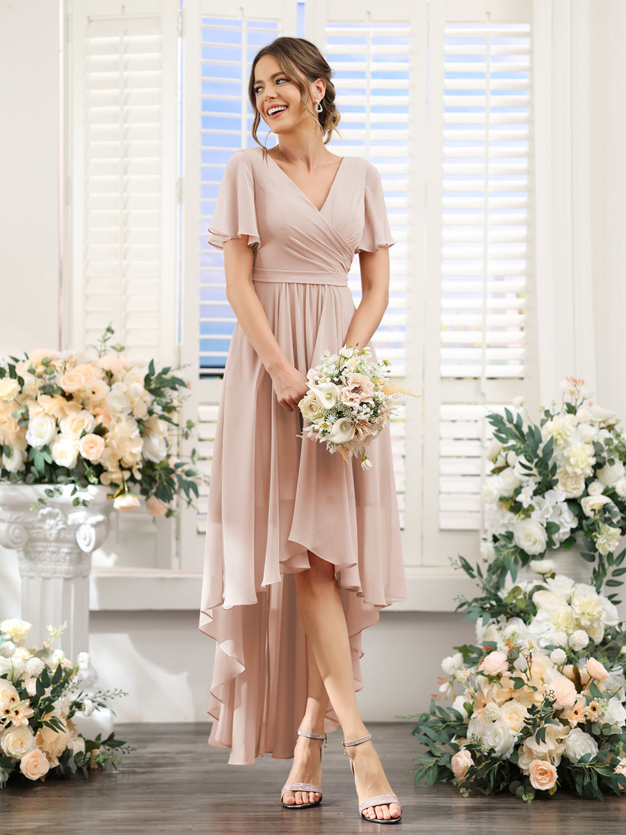 A-Line V-Neck Short Sleeves Ruched Asymmetrical Chiffon Bridesmaid Dresses Blush Pink