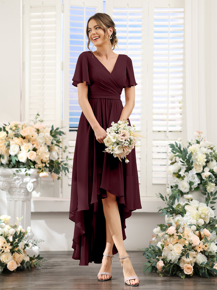 A-Line V-Neck Short Sleeves Ruched Asymmetrical Chiffon Bridesmaid Dresses Burgundy