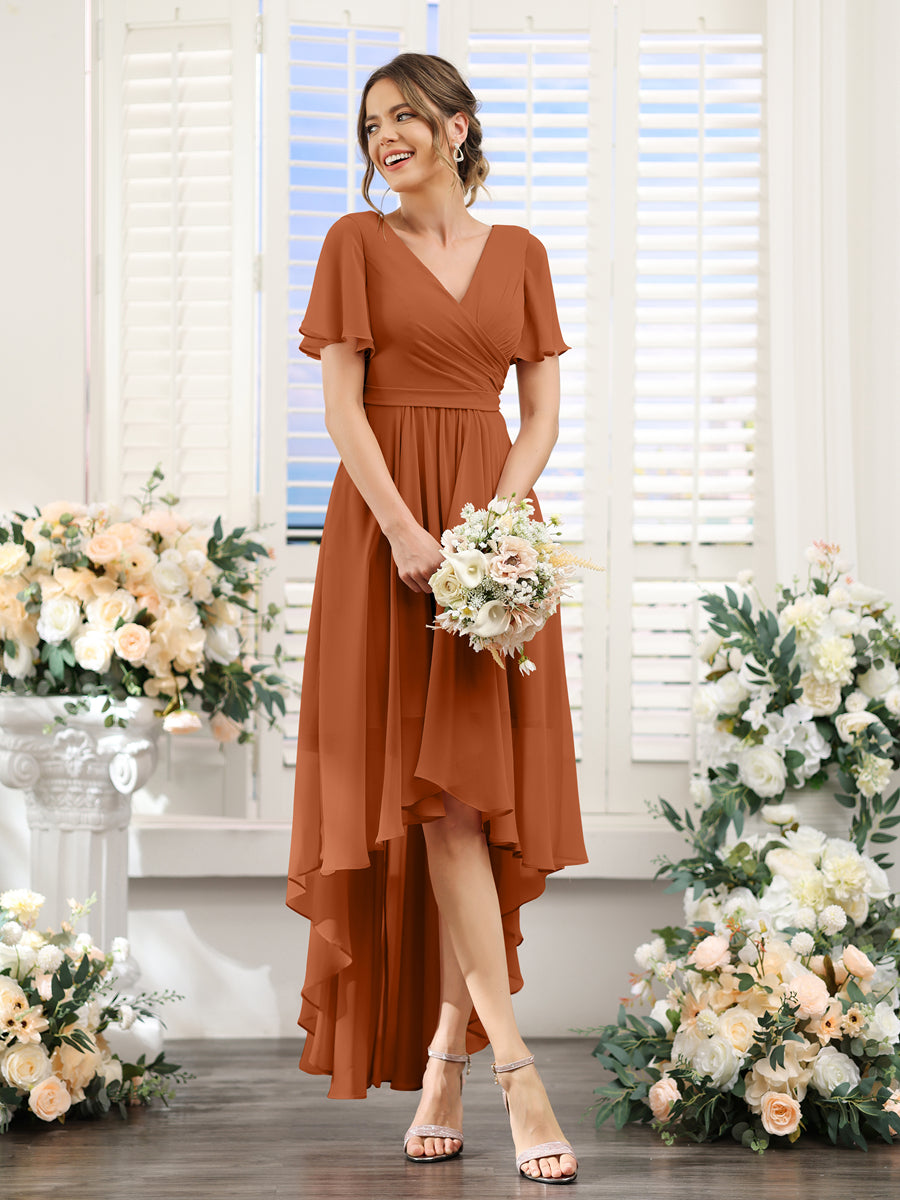 A-Line V-Neck Short Sleeves Ruched Asymmetrical Chiffon Bridesmaid Dresses Burnt Orange