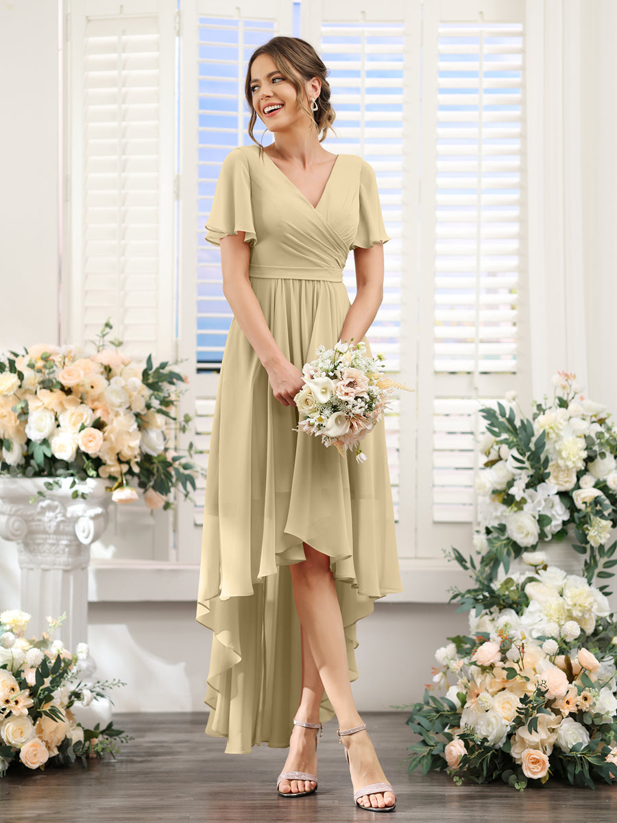 A-Line V-Neck Short Sleeves Ruched Asymmetrical Chiffon Bridesmaid Dresses Champagne