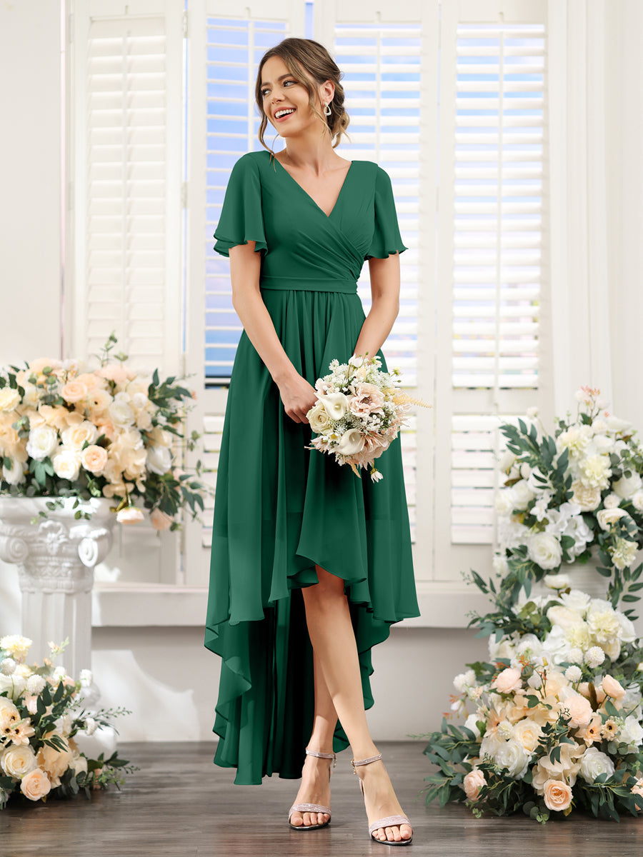 A-Line V-Neck Short Sleeves Ruched Asymmetrical Chiffon Bridesmaid Dresses Dark Green