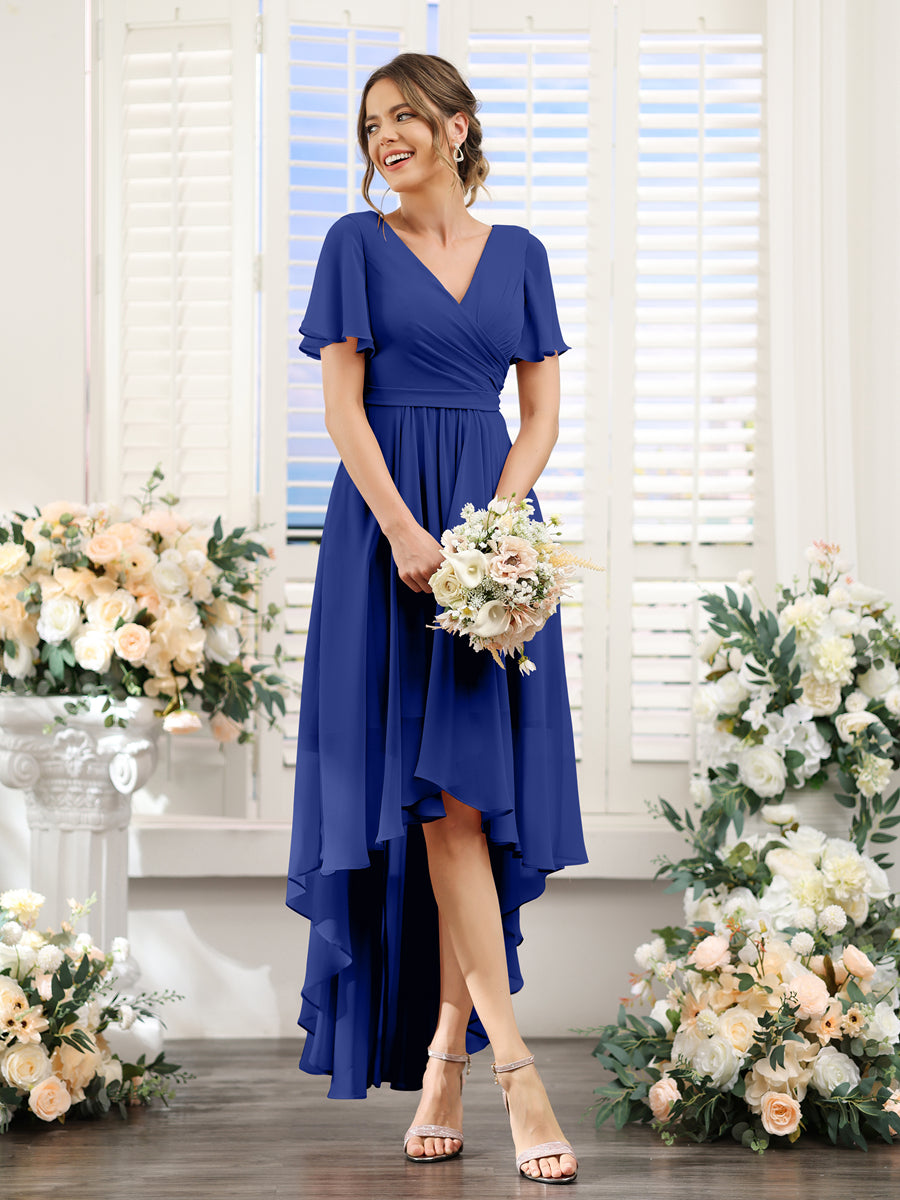 A-Line V-Neck Short Sleeves Ruched Asymmetrical Chiffon Bridesmaid Dresses Dark Royal Blue
