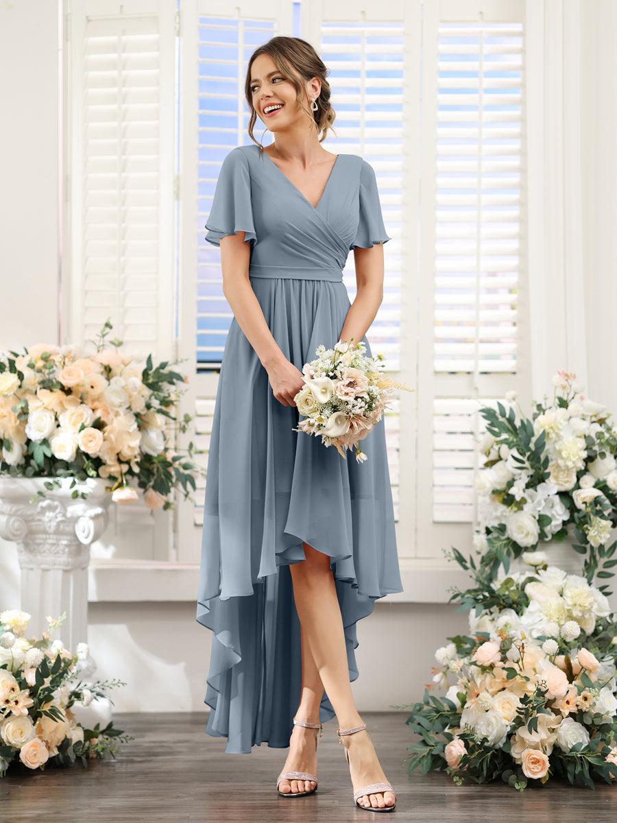 A-Line V-Neck Short Sleeves Ruched Asymmetrical Chiffon Bridesmaid Dresses Dusty Blue