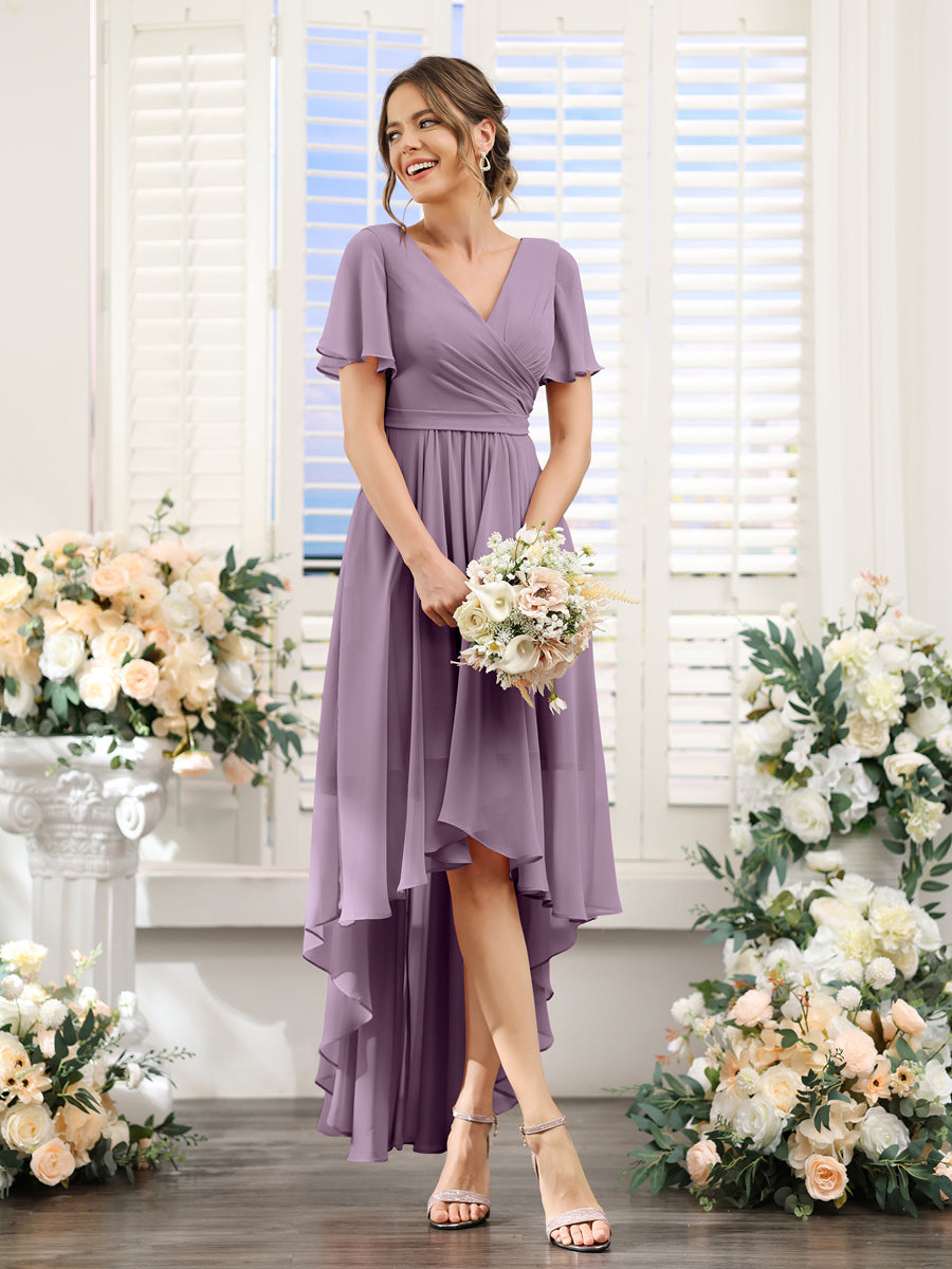 A-Line V-Neck Short Sleeves Ruched Asymmetrical Chiffon Bridesmaid Dresses Dusty Purple
