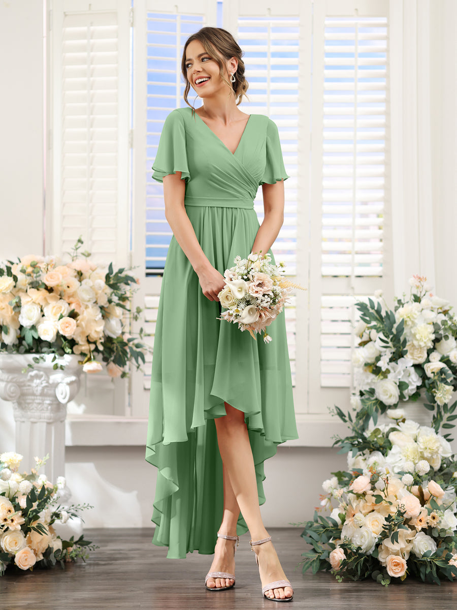 A-Line V-Neck Short Sleeves Ruched Asymmetrical Chiffon Bridesmaid Dresses Dusty Sage