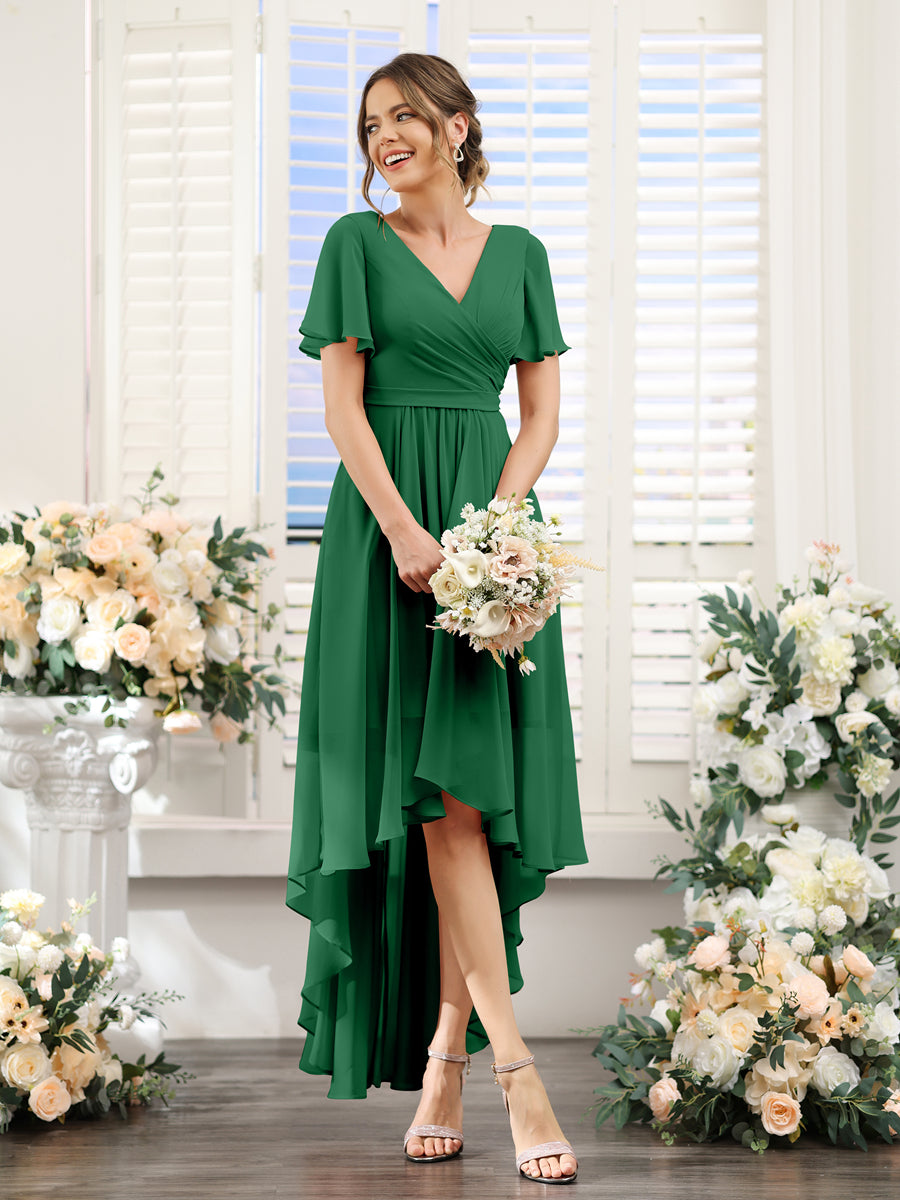 A-Line V-Neck Short Sleeves Ruched Asymmetrical Chiffon Bridesmaid Dresses Emerald