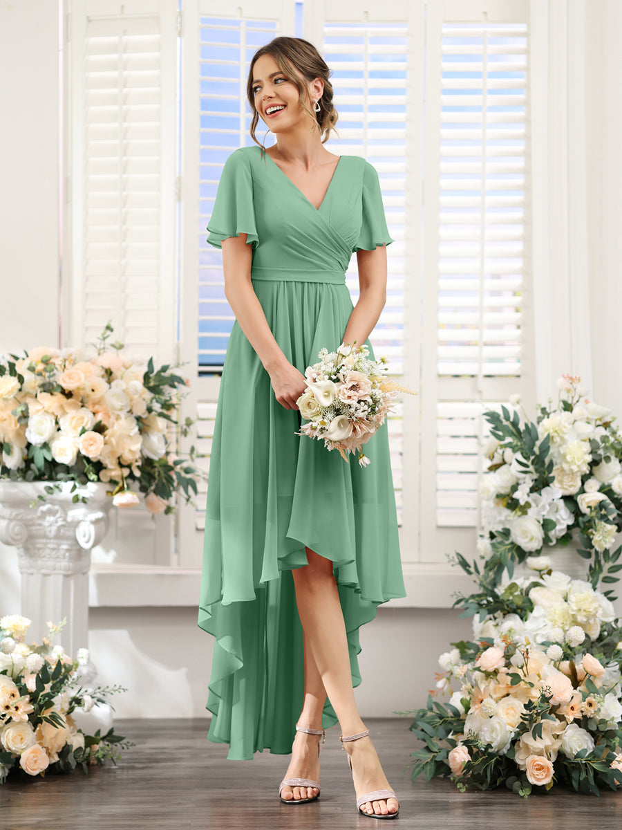 A-Line V-Neck Short Sleeves Ruched Asymmetrical Chiffon Bridesmaid Dresses Eucalyptus