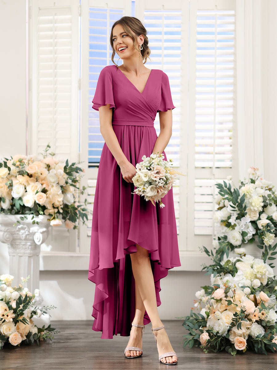 A-Line V-Neck Short Sleeves Ruched Asymmetrical Chiffon Bridesmaid Dresses Fuchsia