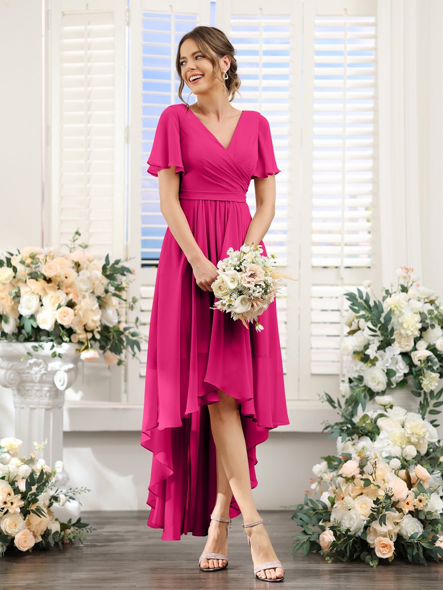 A-Line V-Neck Short Sleeves Ruched Asymmetrical Chiffon Bridesmaid Dresses Fuchsia Pink