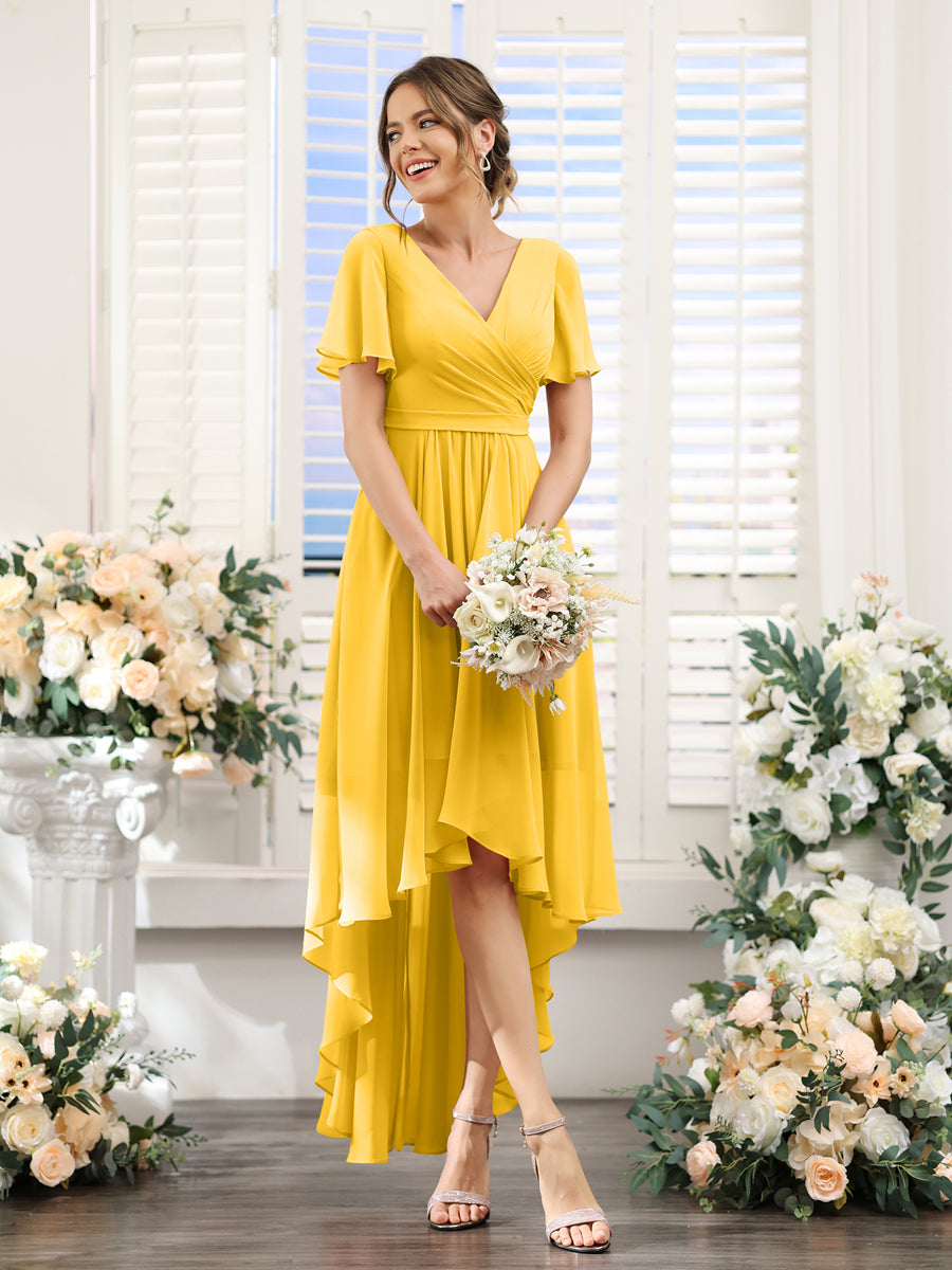 A-Line V-Neck Short Sleeves Ruched Asymmetrical Chiffon Bridesmaid Dresses Gold