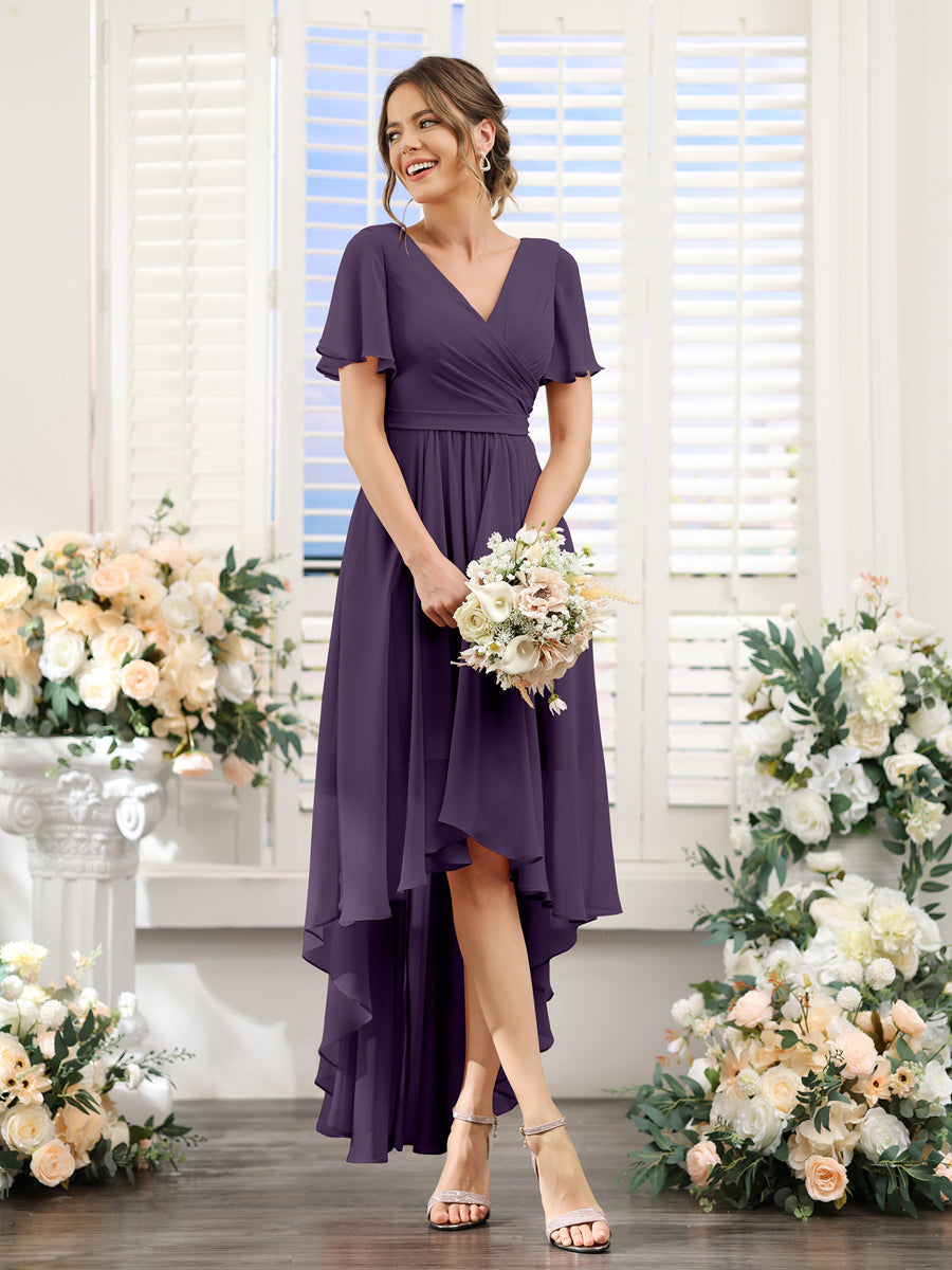A-Line V-Neck Short Sleeves Ruched Asymmetrical Chiffon Bridesmaid Dresses Grape