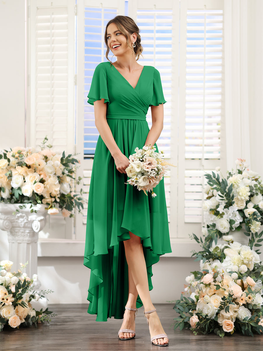 A-Line V-Neck Short Sleeves Ruched Asymmetrical Chiffon Bridesmaid Dresses Green