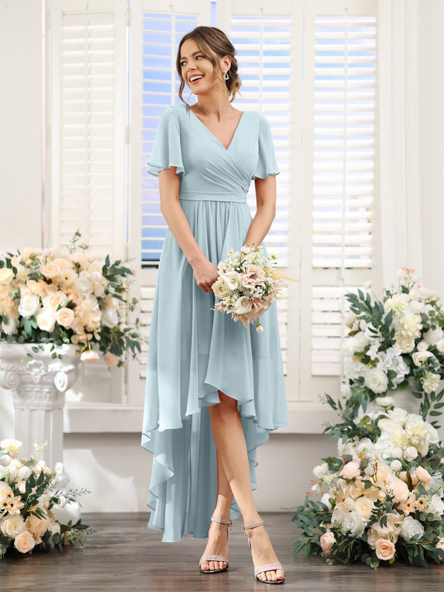 A-Line V-Neck Short Sleeves Ruched Asymmetrical Chiffon Bridesmaid Dresses Light Blue