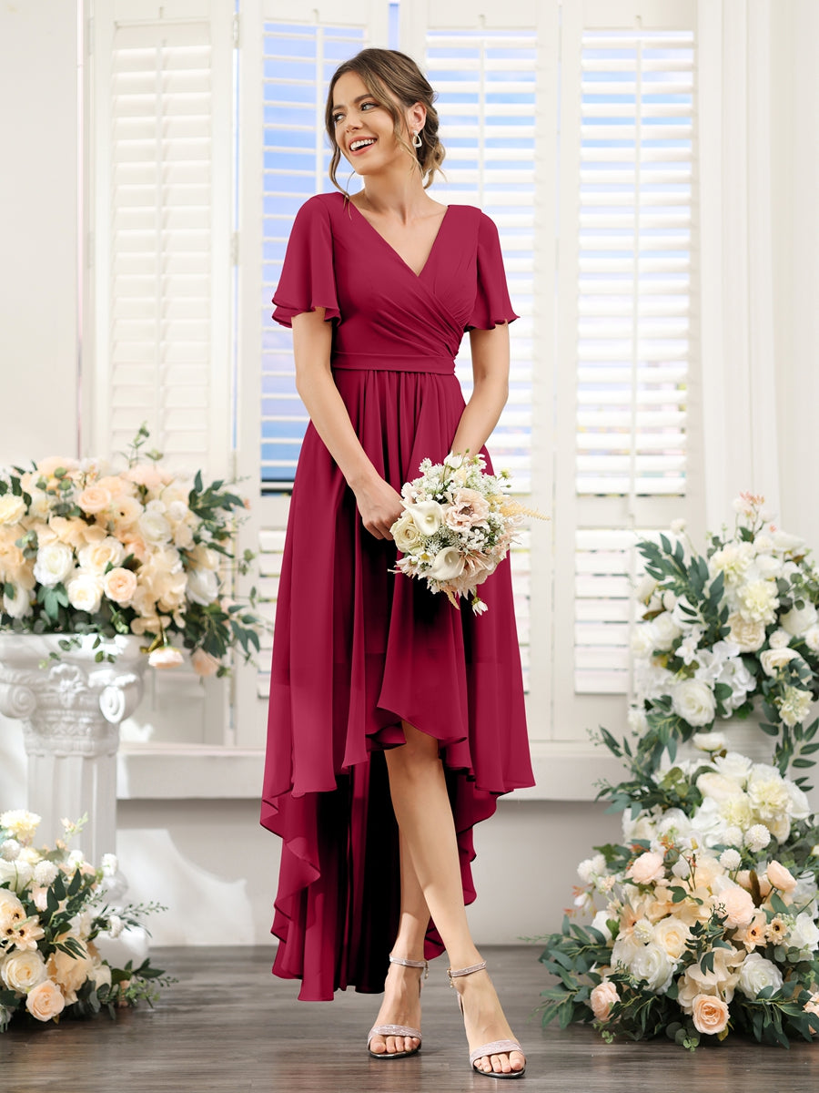A-Line V-Neck Short Sleeves Ruched Asymmetrical Chiffon Bridesmaid Dresses Light Burgundy