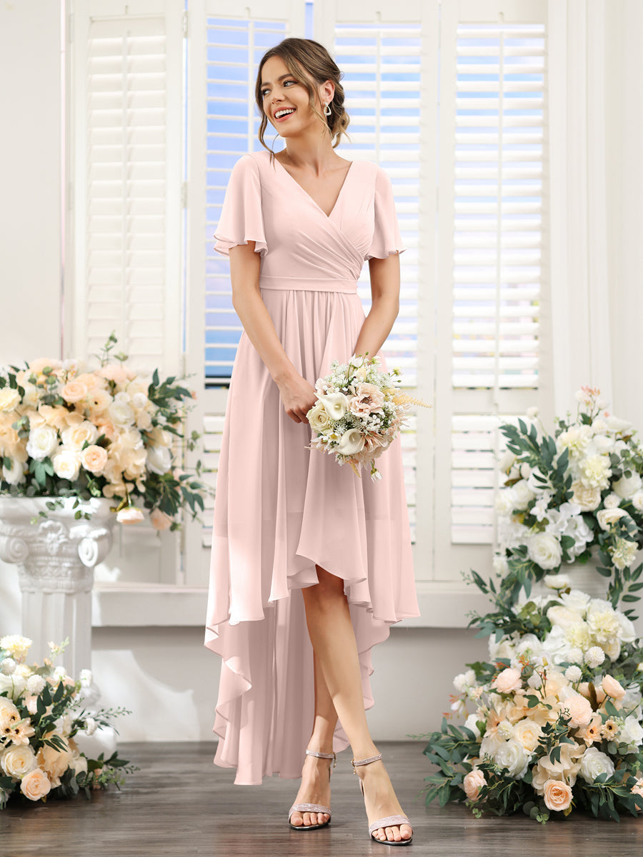 A-Line V-Neck Short Sleeves Ruched Asymmetrical Chiffon Bridesmaid Dresses Light Pink