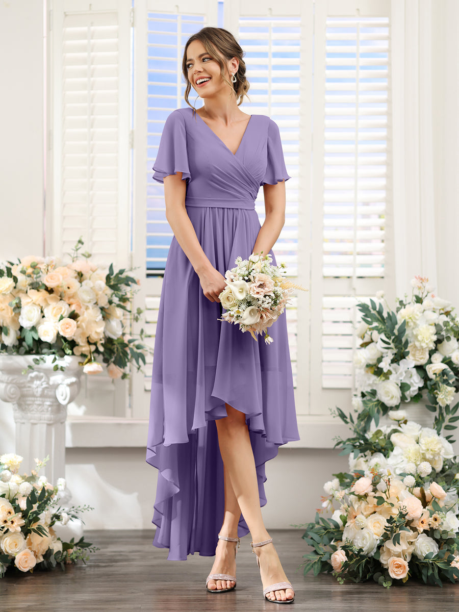 A-Line V-Neck Short Sleeves Ruched Asymmetrical Chiffon Bridesmaid Dresses Light Purple