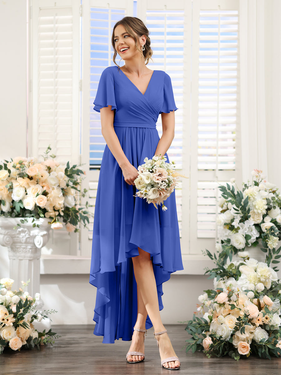 A-Line V-Neck Short Sleeves Ruched Asymmetrical Chiffon Bridesmaid Dresses Light Royal Blue