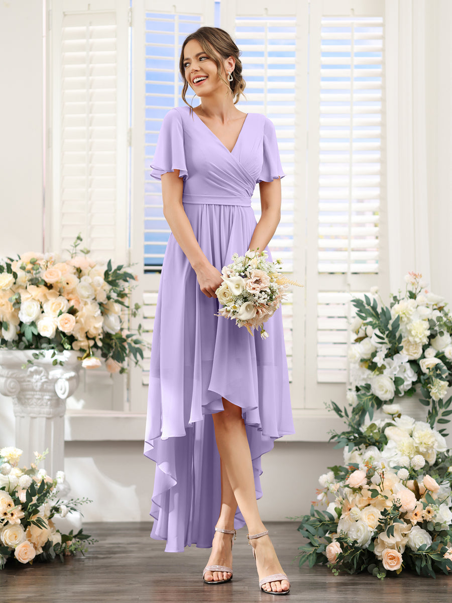 A-Line V-Neck Short Sleeves Ruched Asymmetrical Chiffon Bridesmaid Dresses Lilac