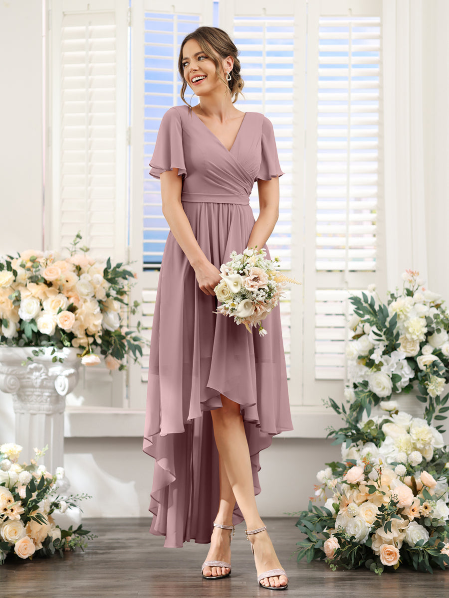 A-Line V-Neck Short Sleeves Ruched Asymmetrical Chiffon Bridesmaid Dresses Mauve