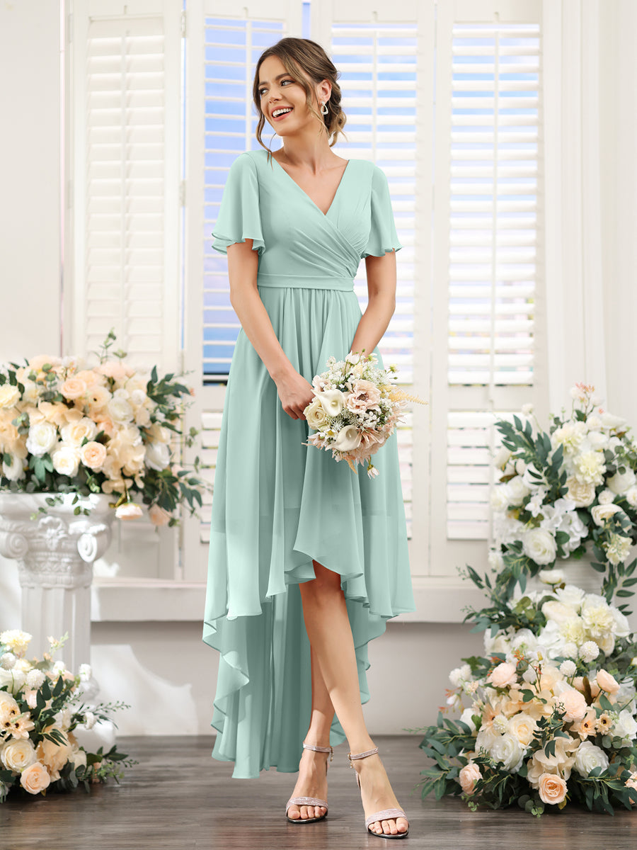 A-Line V-Neck Short Sleeves Ruched Asymmetrical Chiffon Bridesmaid Dresses Mist Blue