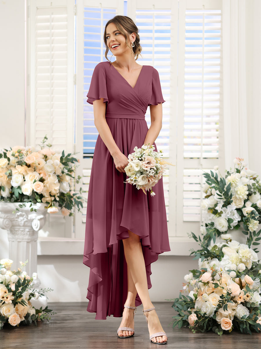 A-Line V-Neck Short Sleeves Ruched Asymmetrical Chiffon Bridesmaid Dresses Mulberry