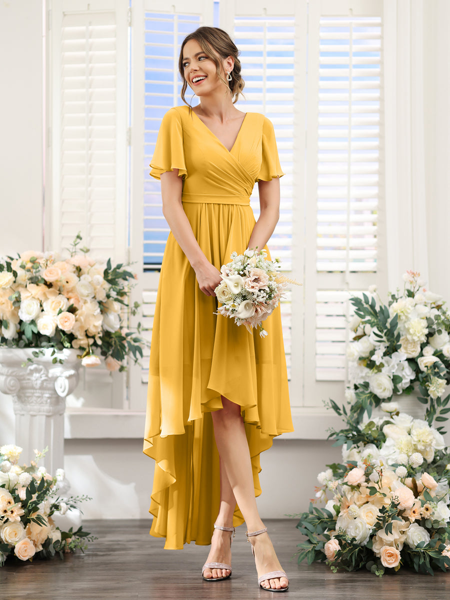 A-Line V-Neck Short Sleeves Ruched Asymmetrical Chiffon Bridesmaid Dresses Mustard Yellow