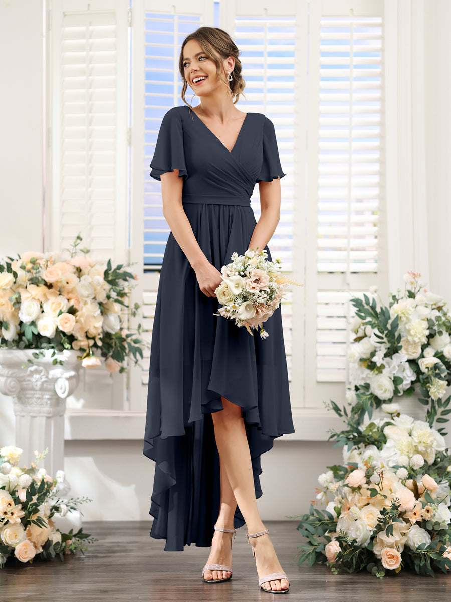 A-Line V-Neck Short Sleeves Ruched Asymmetrical Chiffon Bridesmaid Dresses Navy Blue