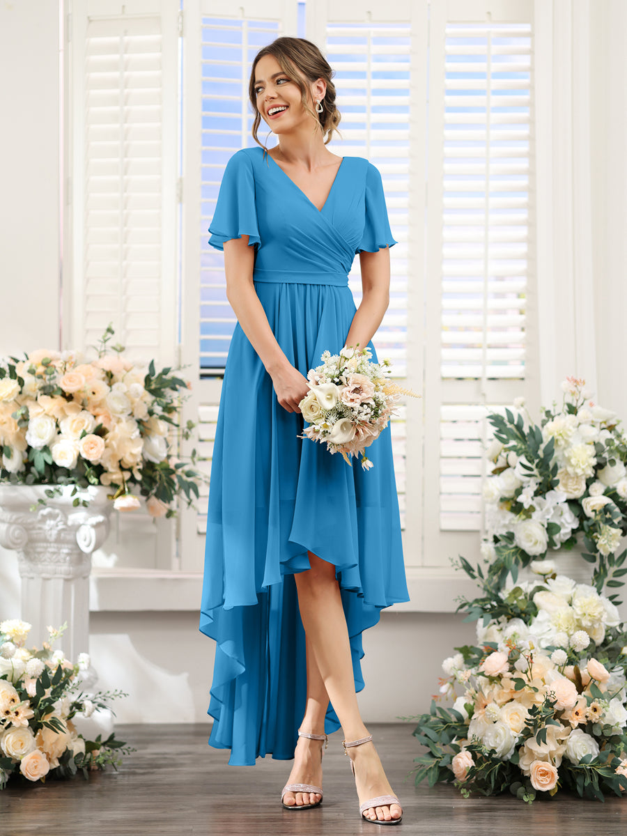A-Line V-Neck Short Sleeves Ruched Asymmetrical Chiffon Bridesmaid Dresses Ocean Blue