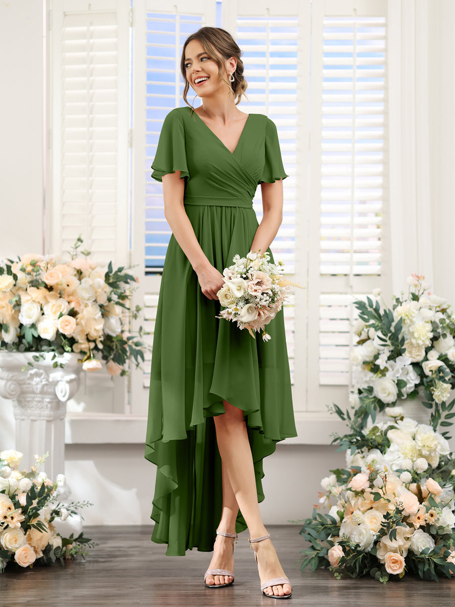 A-Line V-Neck Short Sleeves Ruched Asymmetrical Chiffon Bridesmaid Dresses Olive Green