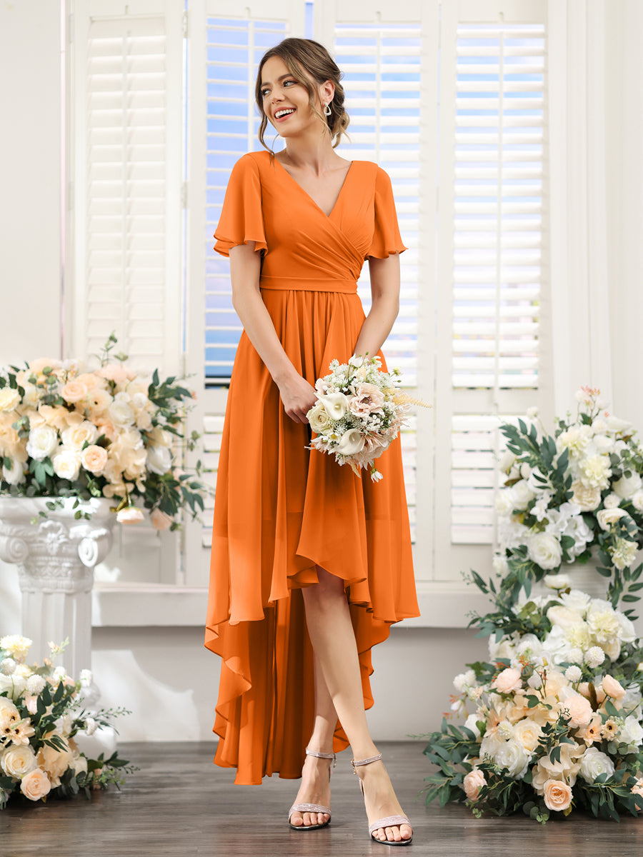 A-Line V-Neck Short Sleeves Ruched Asymmetrical Chiffon Bridesmaid Dresses Orange