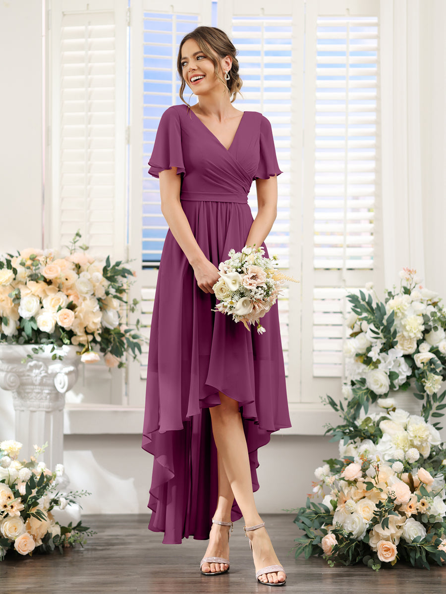 A-Line V-Neck Short Sleeves Ruched Asymmetrical Chiffon Bridesmaid Dresses Orchid