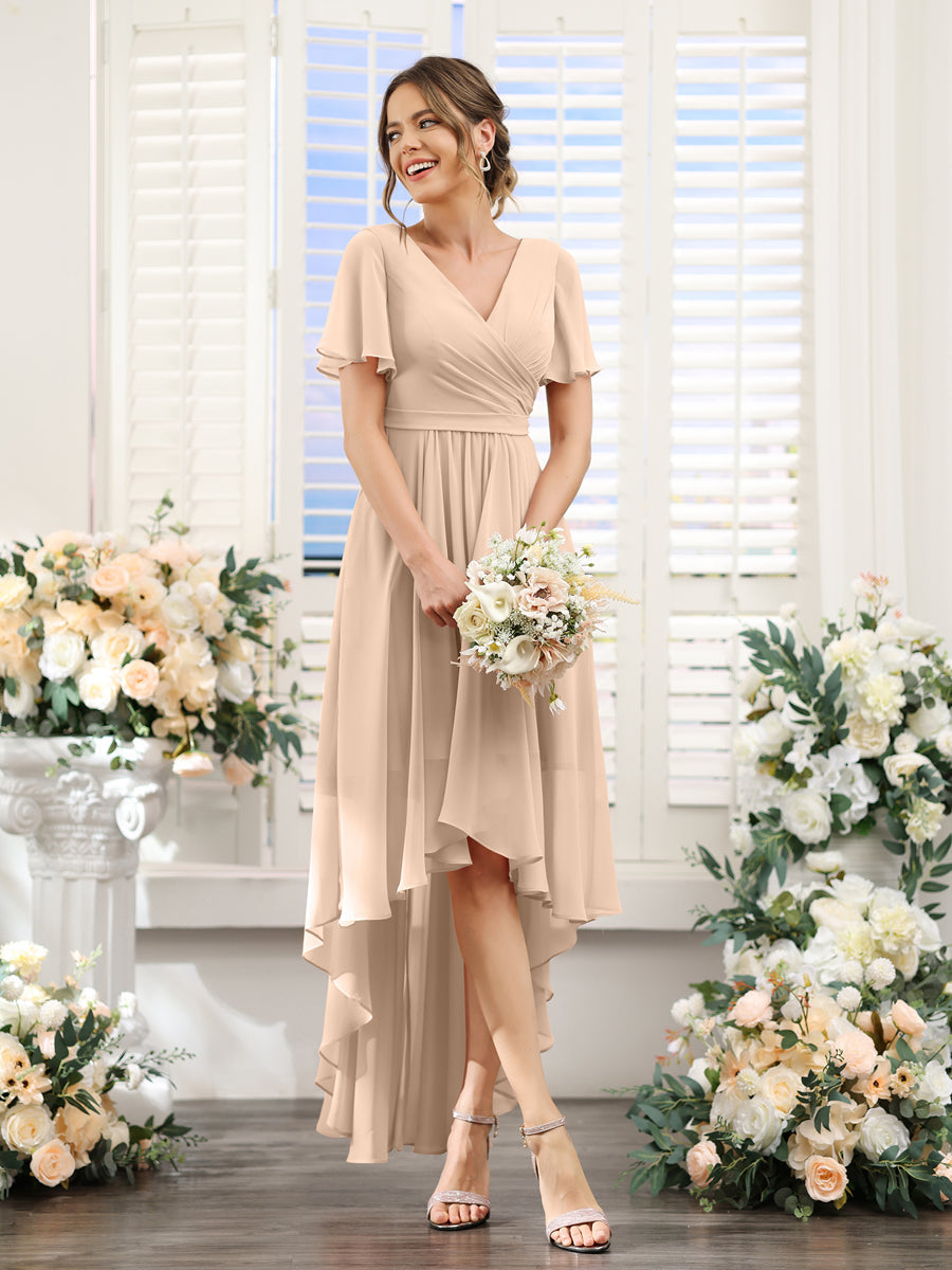 A-Line V-Neck Short Sleeves Ruched Asymmetrical Chiffon Bridesmaid Dresses Peach Pink