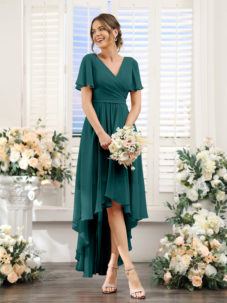 A-Line V-Neck Short Sleeves Ruched Asymmetrical Chiffon Bridesmaid Dresses Peacock