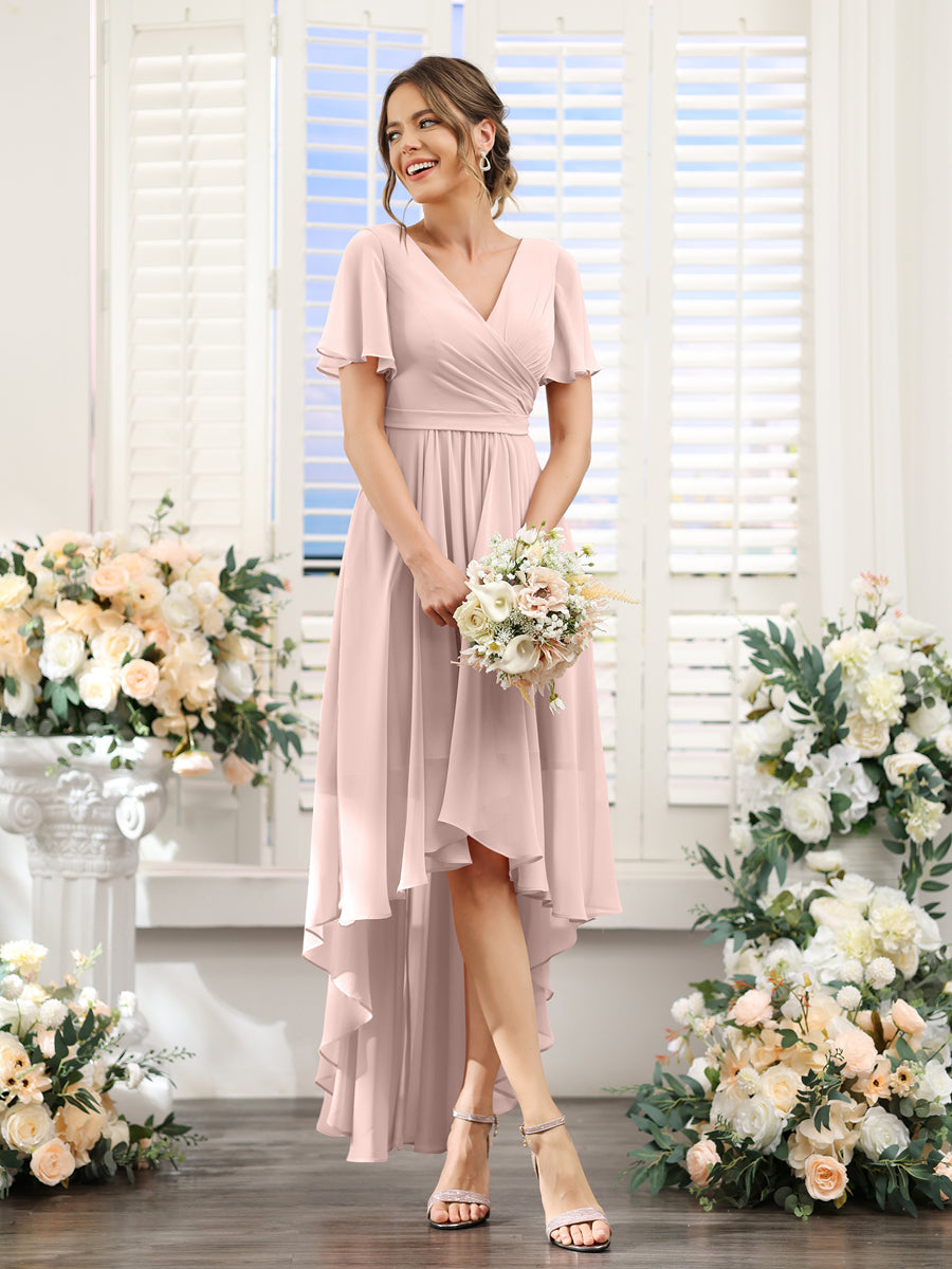 A-Line V-Neck Short Sleeves Ruched Asymmetrical Chiffon Bridesmaid Dresses Pearl Pink