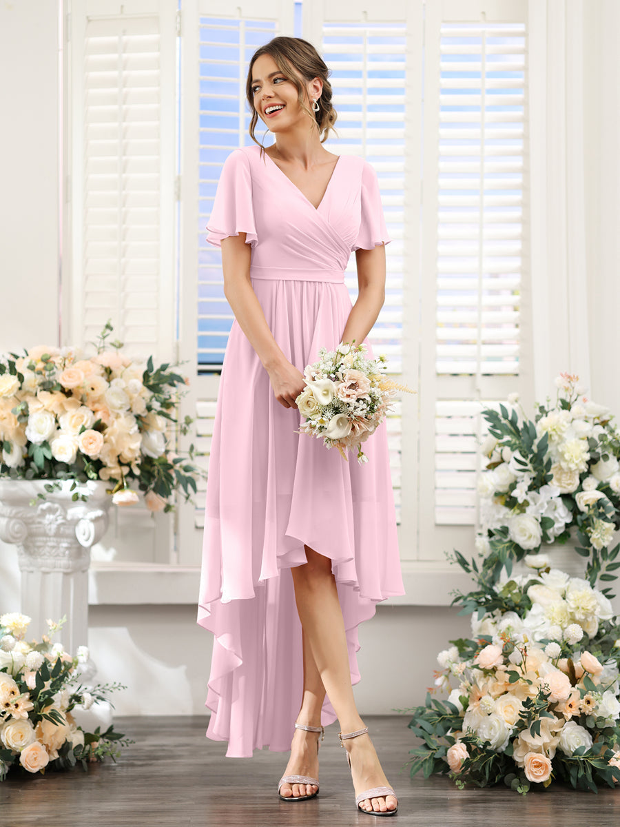 A-Line V-Neck Short Sleeves Ruched Asymmetrical Chiffon Bridesmaid Dresses Pink