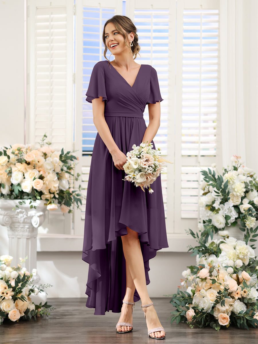 A-Line V-Neck Short Sleeves Ruched Asymmetrical Chiffon Bridesmaid Dresses Plum